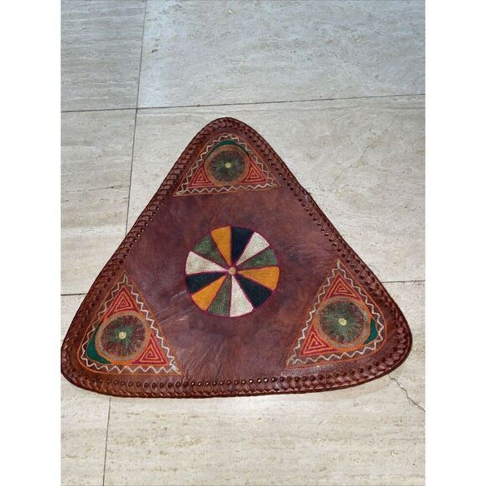 Leather Tripod Saddle Stool Cover Needlepoint Geometric Pattern‎